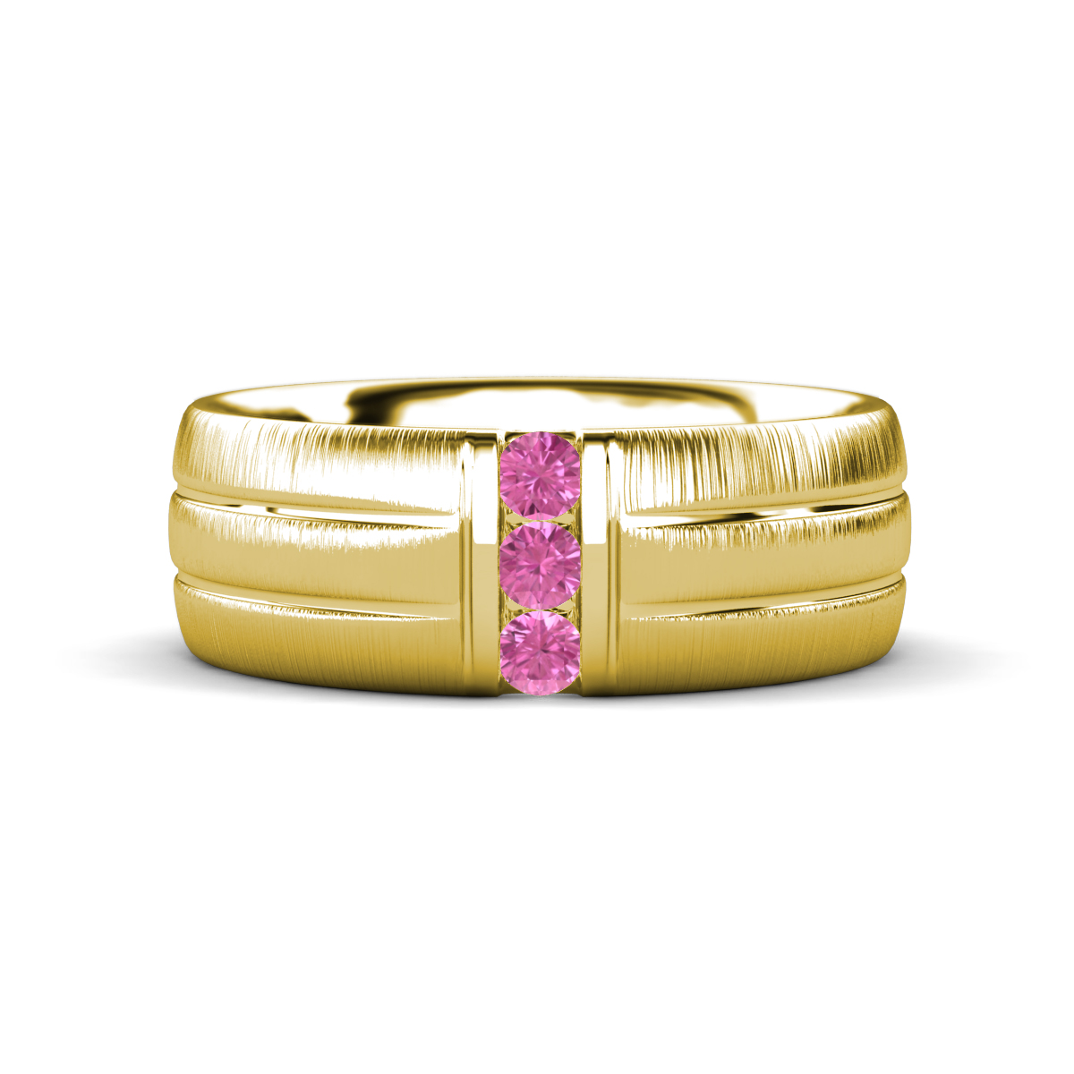 LeBron Round Pink Sapphire with Brushed and Polished Finish Three Stone Men's Wedding Band (8 mm) 